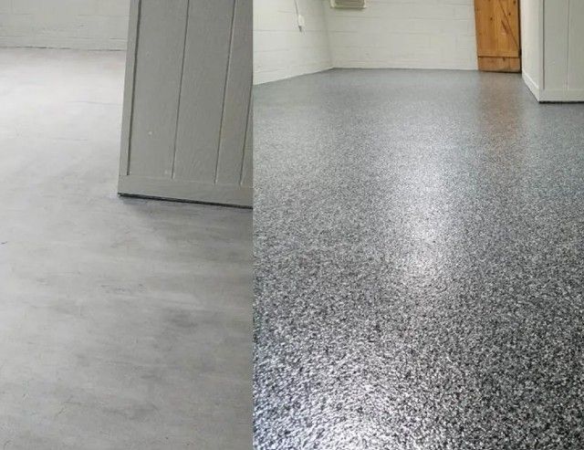 Side-by-side image: a bare gray concrete floor on the left and a dark gray flake epoxy floor on the right
