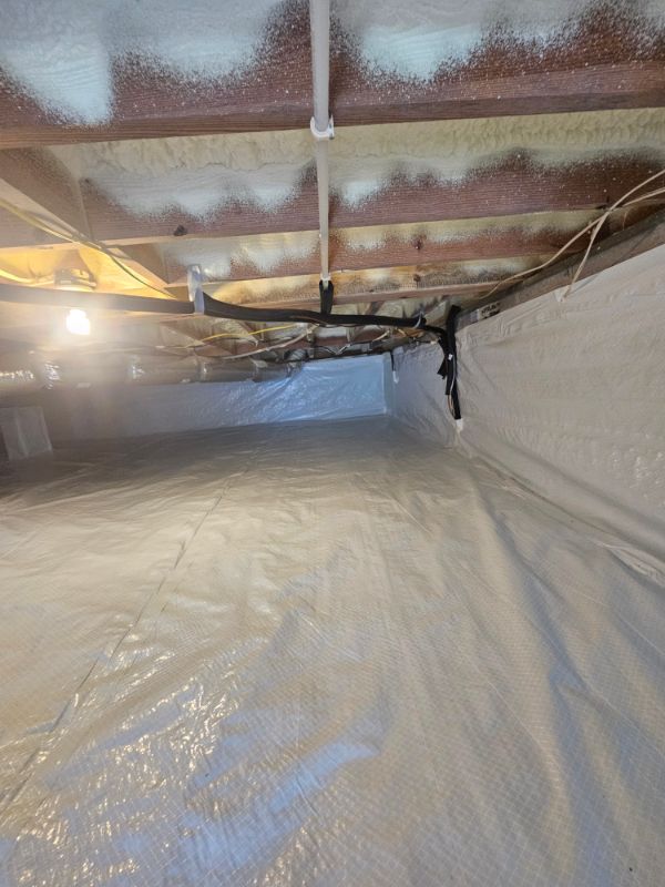 Encapsulated crawl space with liner running up the foundation walls