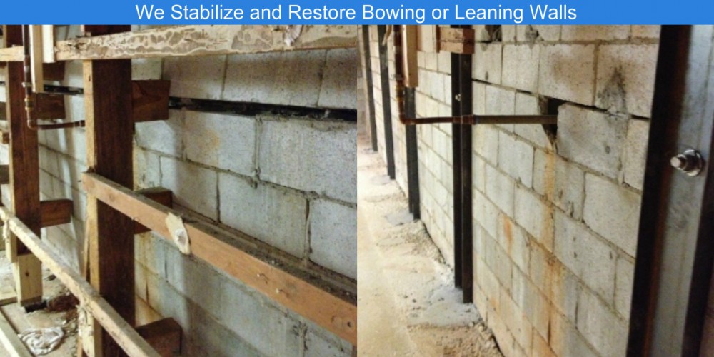 Bowing block basement wall before and after stabilization by Foundation Worx